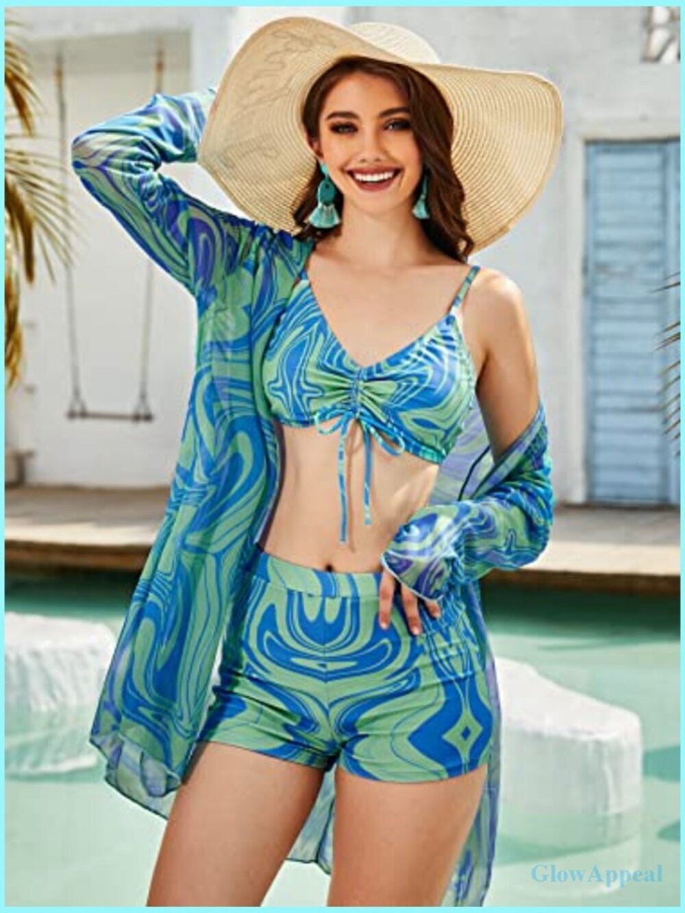 3 Piece Marble Print Tankini Swimsuit Set with Kimono Cover Up Long Sleeve V - Picture 4 of 7